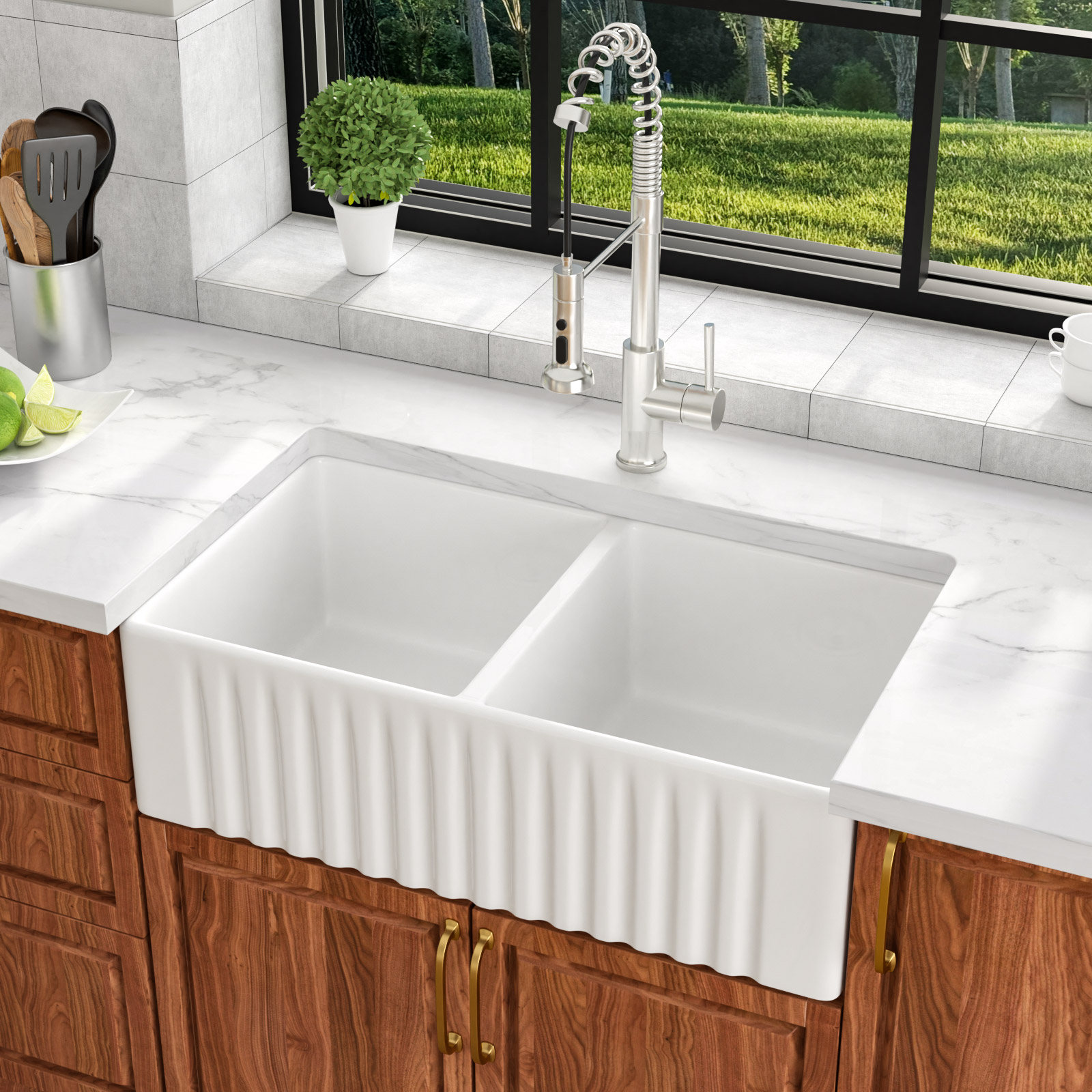 Double Bowl Farmhouse Workstation Kitchen Sink Porcelain White Apron Front Ceramic Farmhouse Sink - Image 5