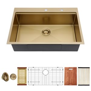 304 Stainless Steel Handmade Topmount 16 Gauge Stainless Steel 33, 36 Inches Gold Drop-in Single Bowl Kitchen Sink