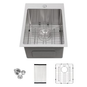 16 Gauge Brushed Nickel 15x20 Drop in 304 Stainless Steel Single Bowl Kitchen Sink