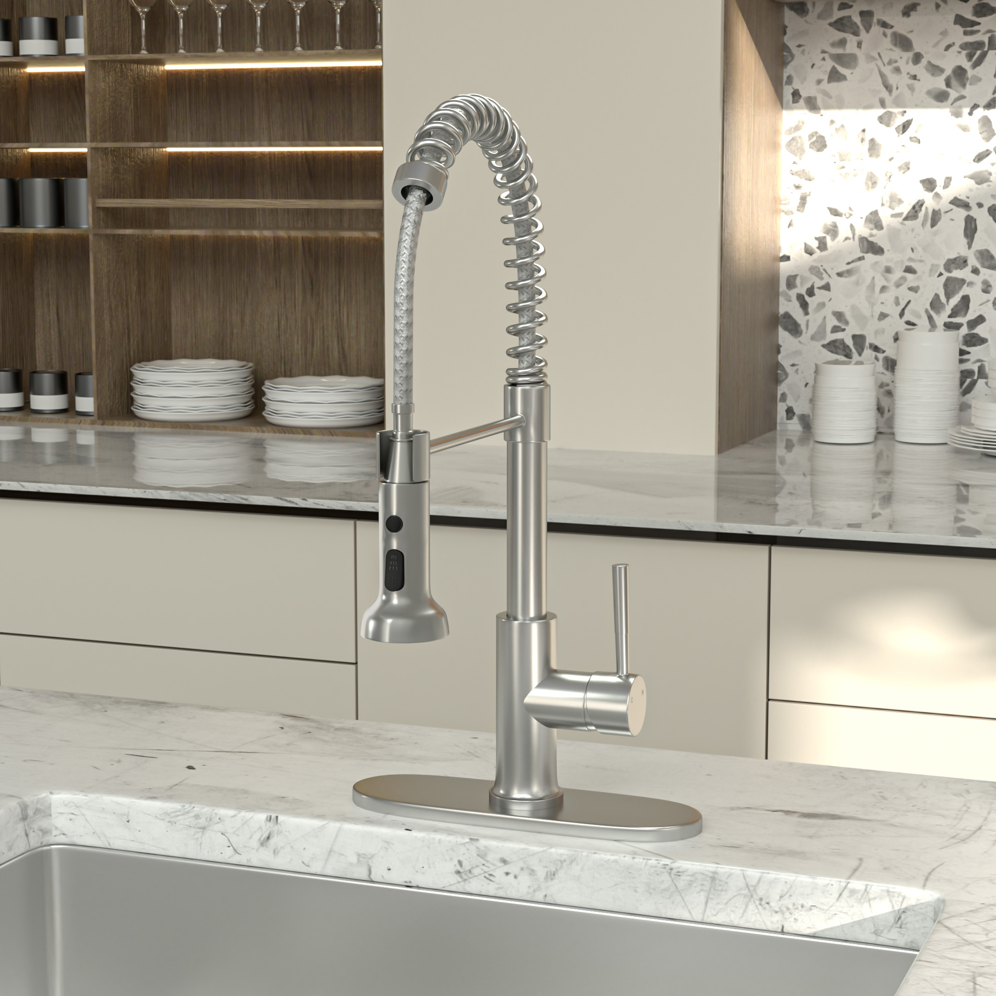 15 1/2 Inches Commercial Kitchen Faucet with Dual Function Pull-Down Sprayhead in Brushed Nickel Finish, Stainless Steel - Image 3