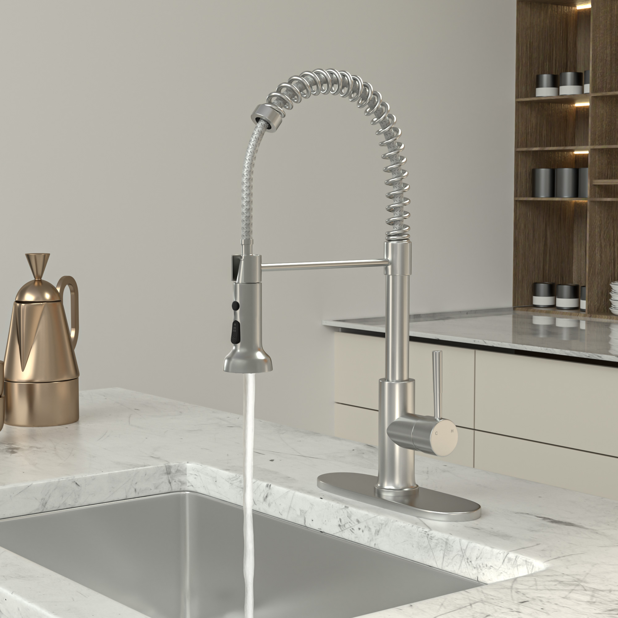 15 1/2 Inches Commercial Kitchen Faucet with Dual Function Pull-Down Sprayhead in Brushed Nickel Finish, Stainless Steel - Image 5