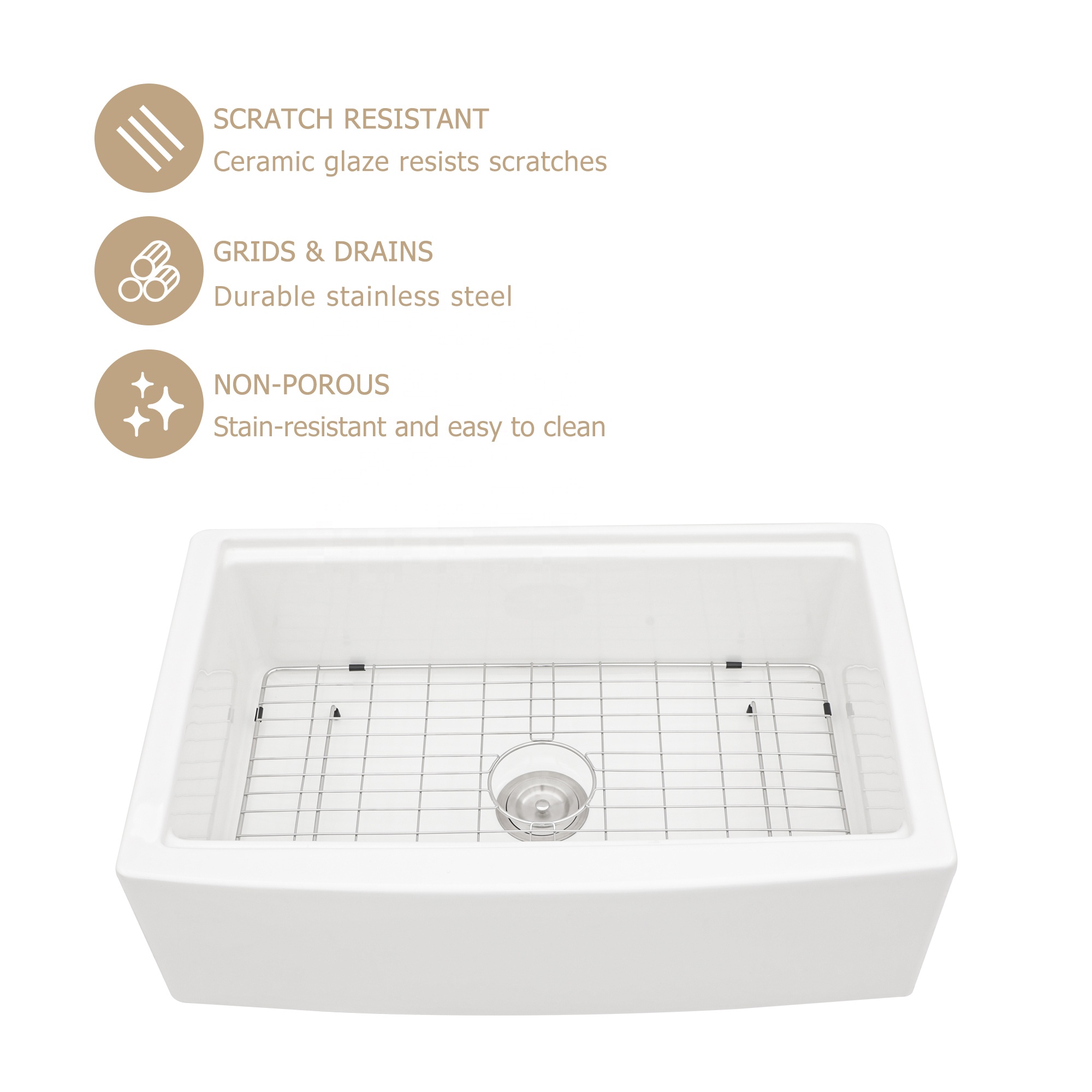 Single Bowl- White Farmhouse Sink Ledge Workstation Apron Front Ceramic Porcelain White Farmhouse Sink - Image 3