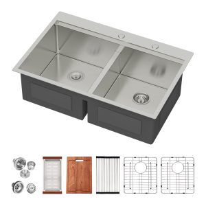 16 Gauge Stainless Steel Double Bowl with Cutting Board 33*22 Inches Drop-in  50/50 Workstation Kitchen Sink