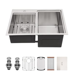 Double Bowl 16-Gauge Stainless Steel Drop-in Topmount 30 Inches RV Workstation Bar Prep Kitchen Sink Outdoor Sink