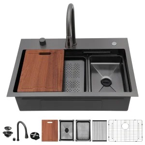 31"Gunmetal Black Workstation 304 Stainless Steel Single Bowl Kitchen Sink With Waterfall Flow