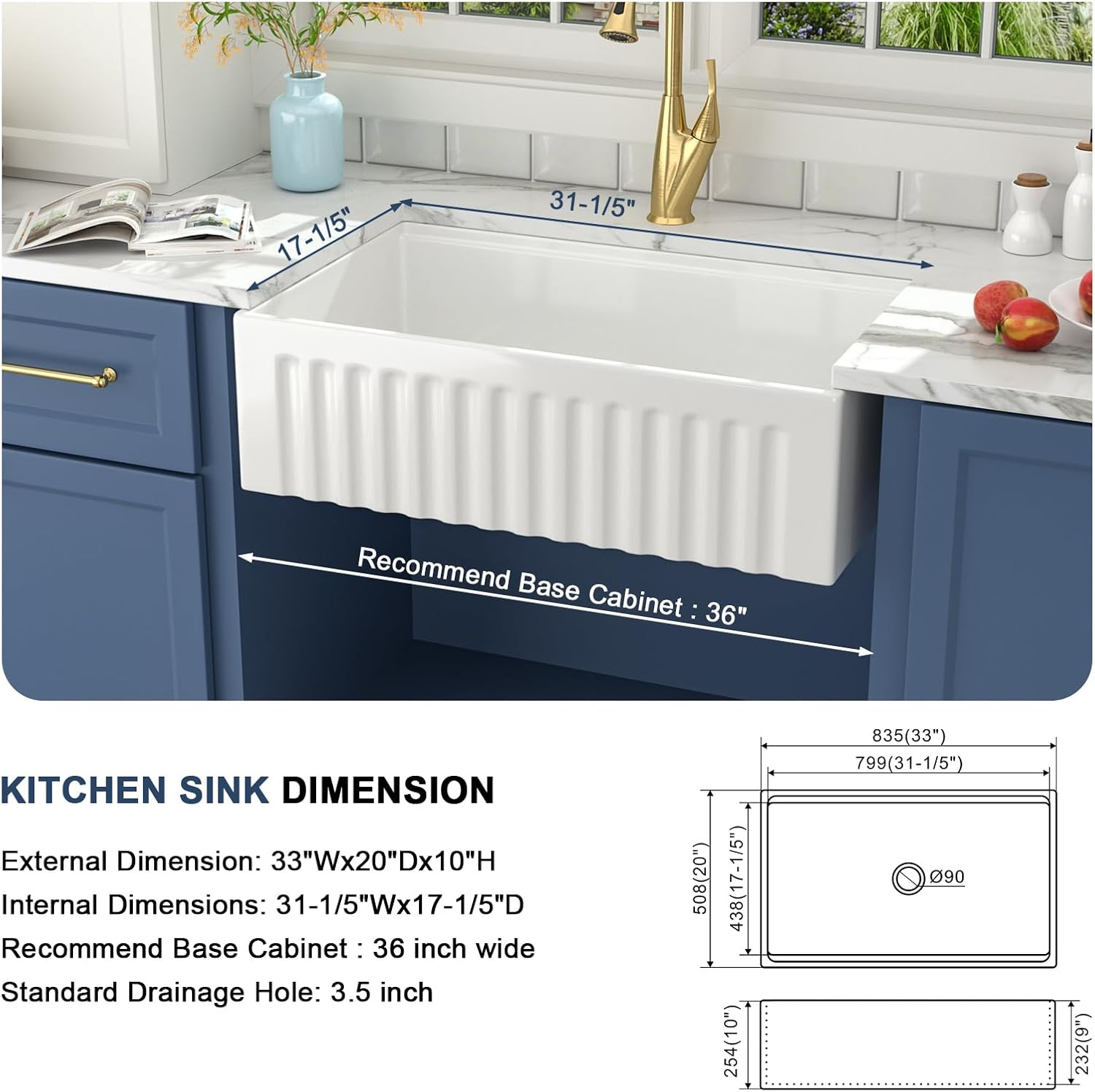 Single Bowl Farmhouse Sink With Apron Front Porcelain Ceramic Kitchen Sinks Includes Accessories - Image 6