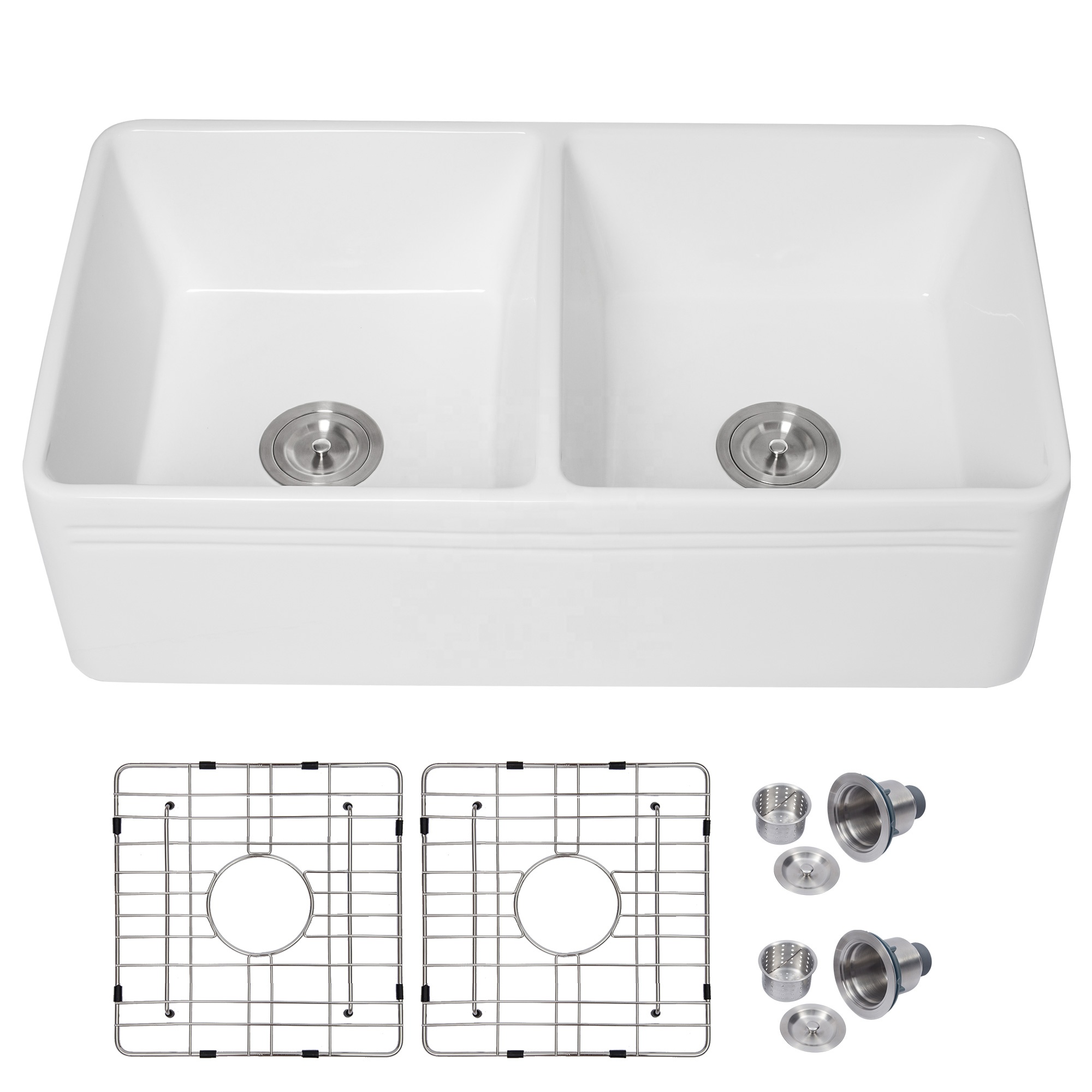 Farmhouse Ceramic Kitchen Sink Reversible Double Bowl Farm Sink with Strainer