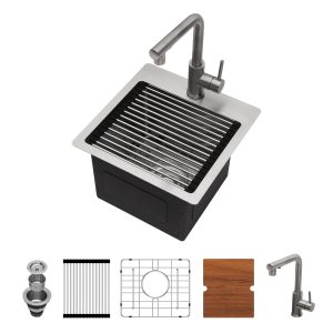 Drop-in Topmount Single Bowl 16-Gauge Stainless Steel 15 In. RV Workstation Bar Prep Kitchen Sink