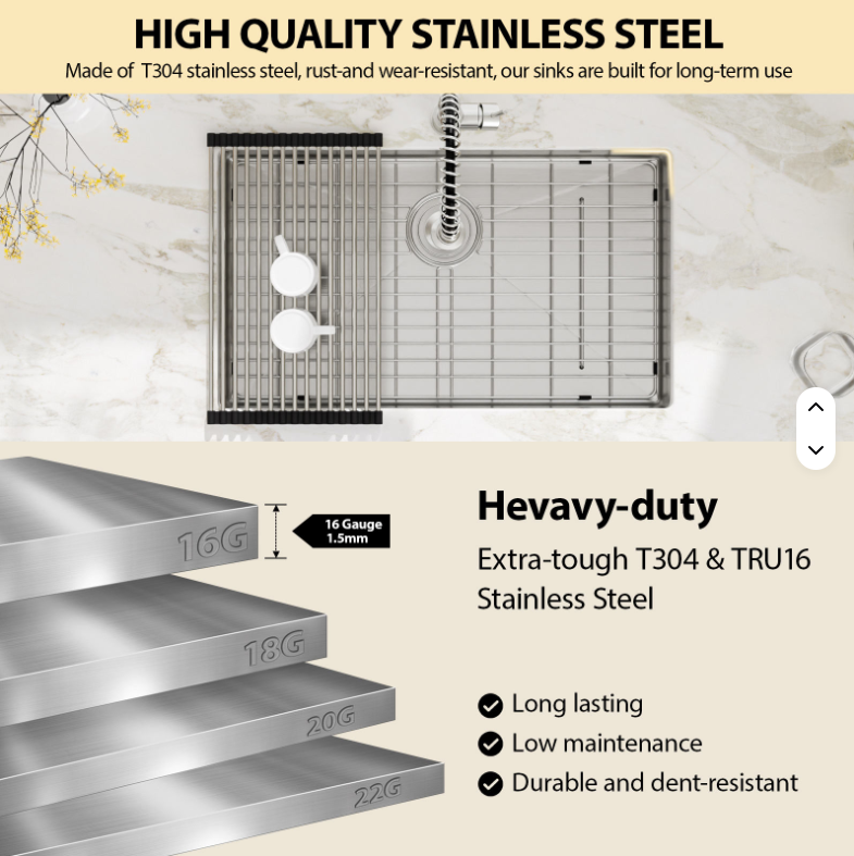 Modern 16 Gauge Stainless Steel Single Bowl with Easy Clean Corners ADA 30*18,26*18,28*18, Inches Compliant Kitchen Sink - Image 3