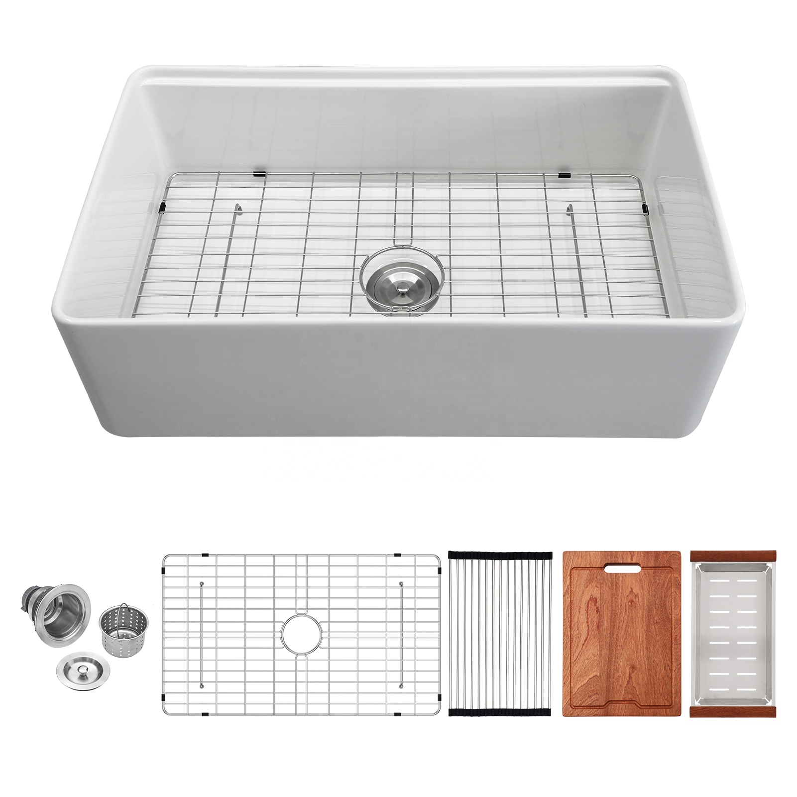Single Bowl Farmhouse Sink With Apron Front Porcelain Ceramic Kitchen Sinks Includes Accessories