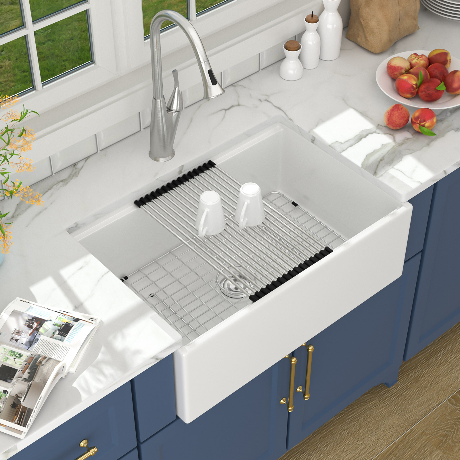 Single Bowl Farmhouse Sink With Apron Front Porcelain Ceramic Kitchen Sinks Includes Accessories - Image 3