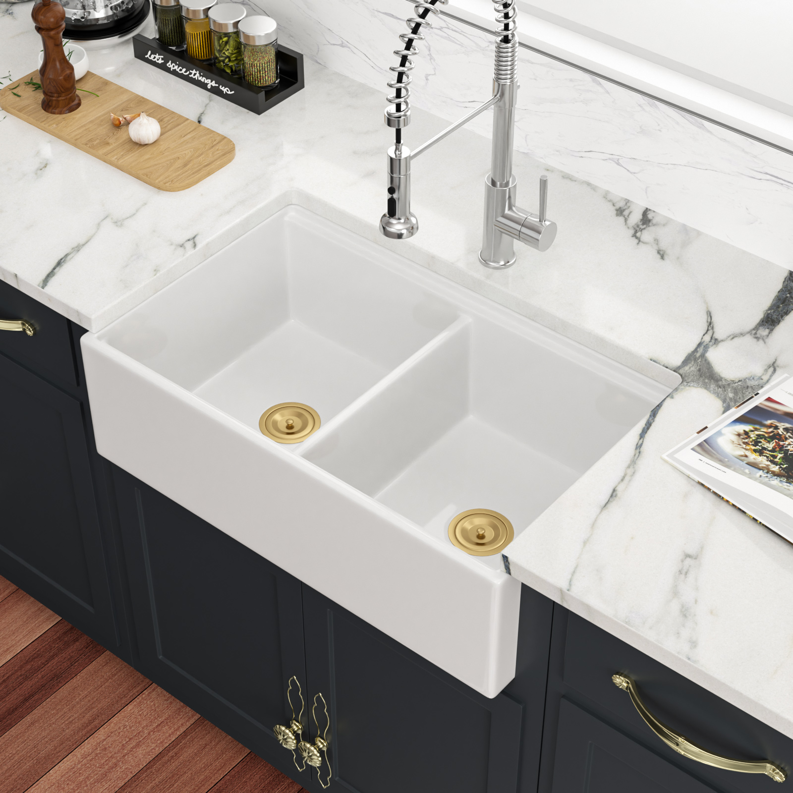 Fireclay Kitchen Sinks Double Bowls Ceramic Farmhouse Sinks with Workstation - Image 4