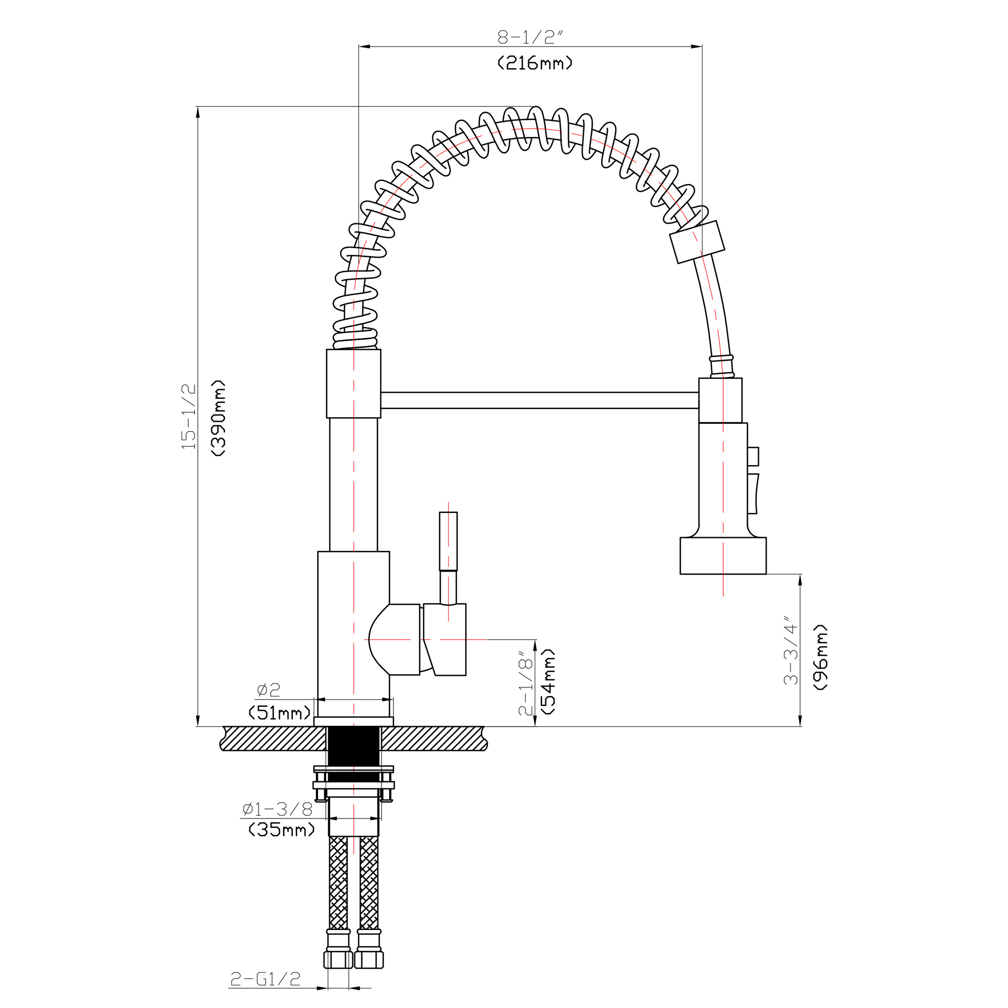 15 1/2 Inches Commercial Kitchen Faucet with Dual Function Pull-Down Sprayhead in Brushed Nickel Finish, Stainless Steel - Image 7