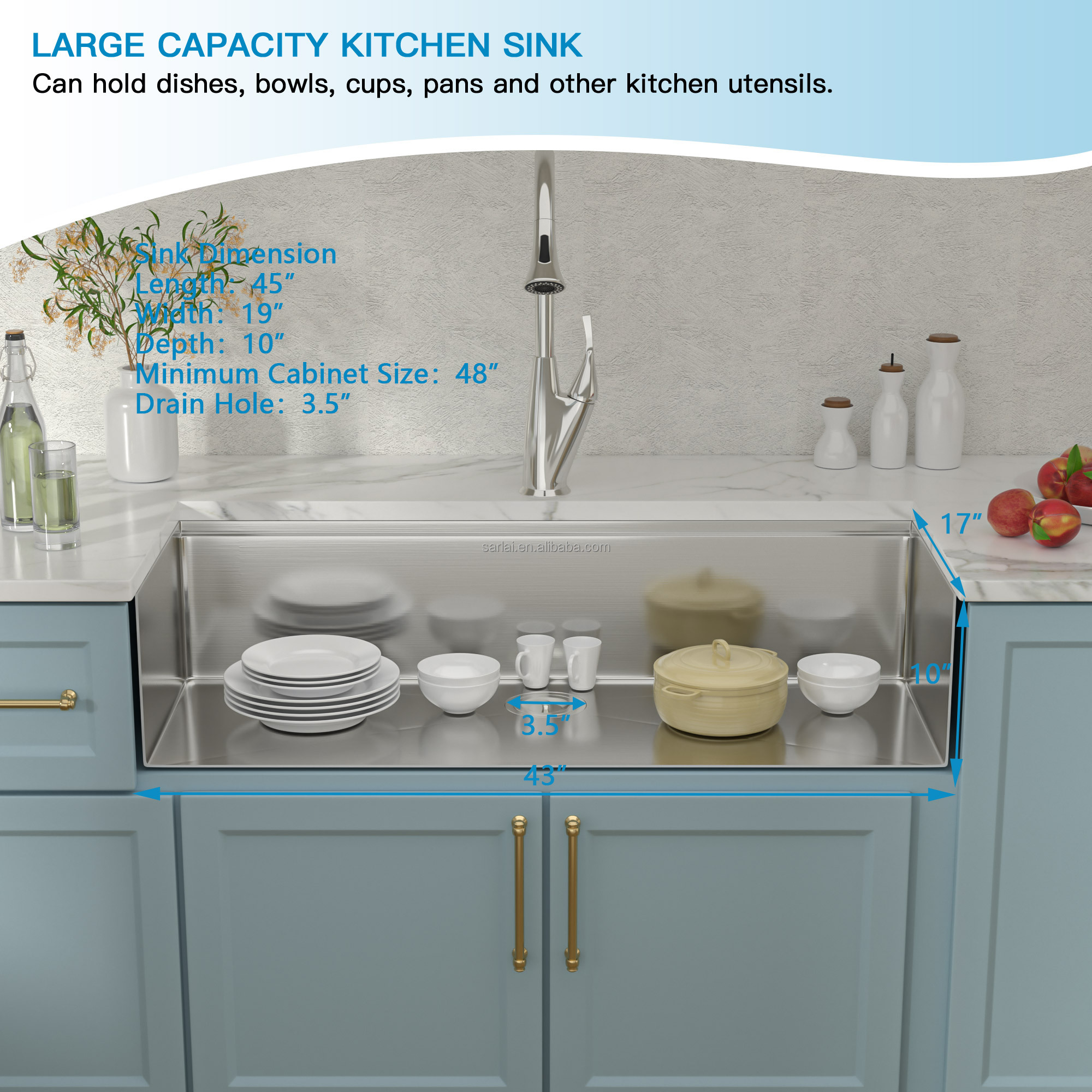 45 Inch Kitchen Sink Rectangular Handmade Large Workstation Kitchen Sink 304 Single Bowl Undermount Stainless Steel - Image 5