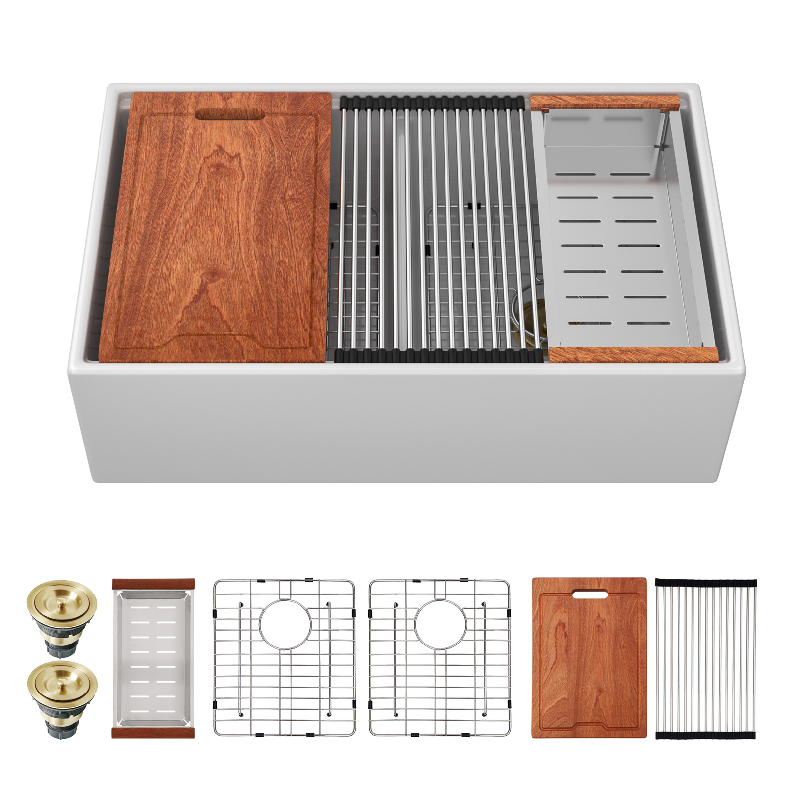 Fireclay Kitchen Sinks Double Bowls Ceramic Farmhouse Sinks with Workstation