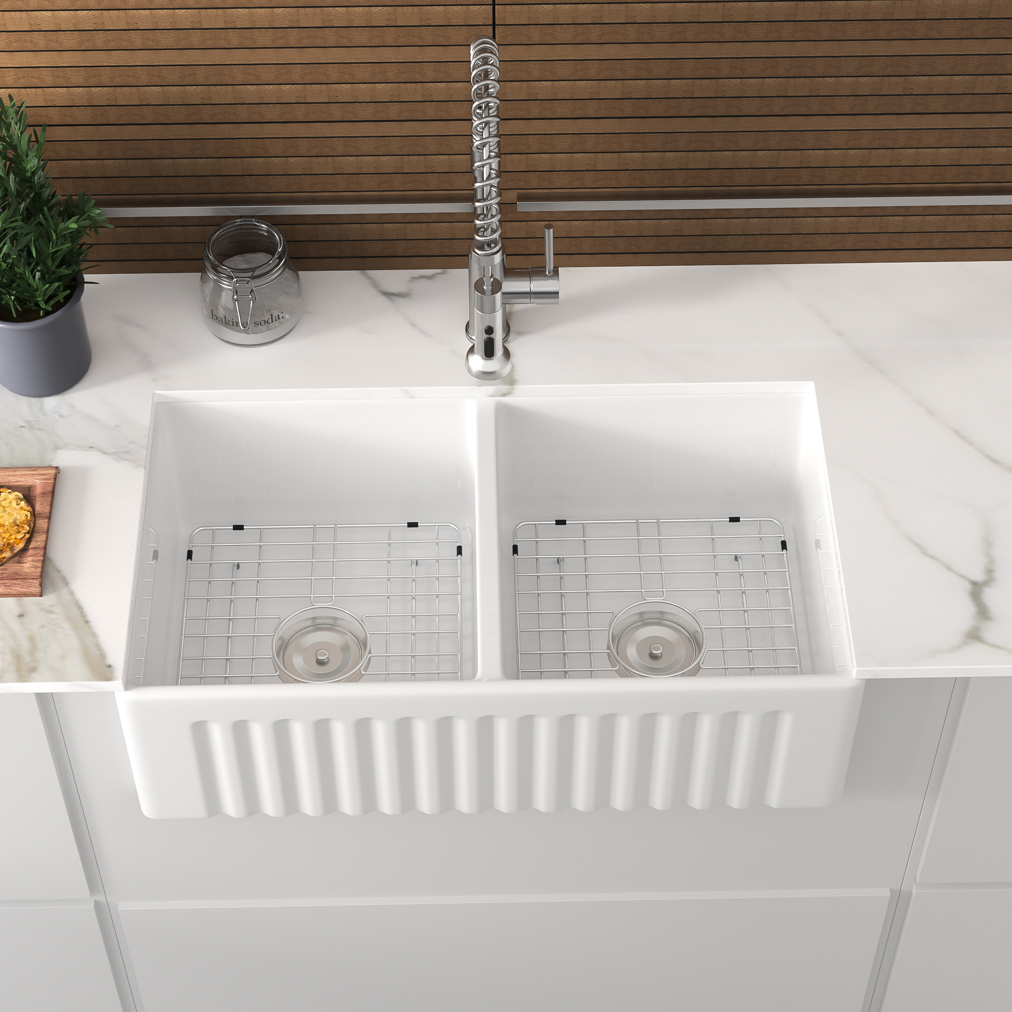 Farmhouse Ceramic Kitchen Sink Reversible Double Bowl Farm Sink with Strainer - Image 2