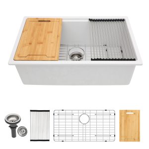 White Quartz Composite Kitchen Sink, Large Deep Single Bowl Undermount Kitchen Sink With Accessories