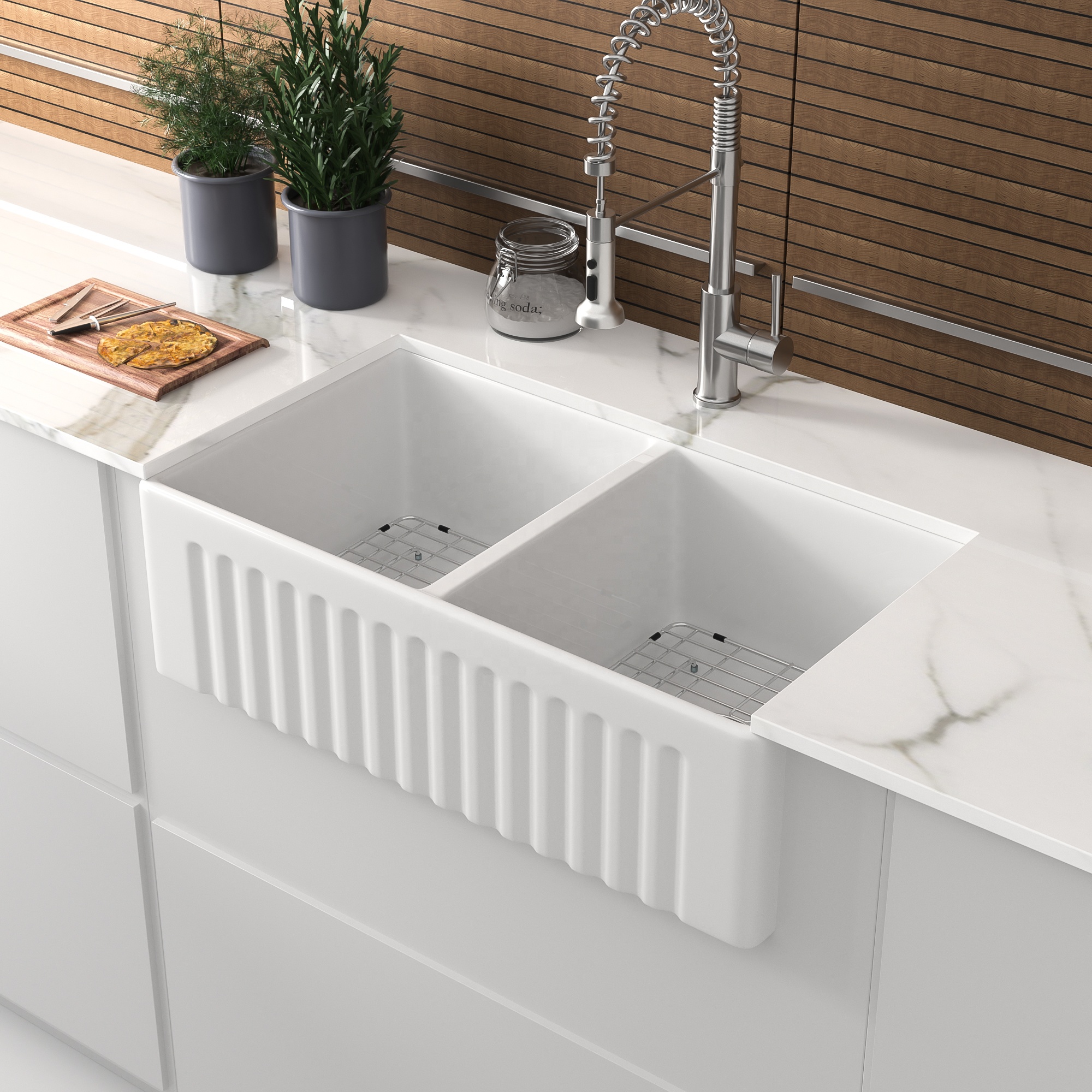 Farmhouse Ceramic Kitchen Sink Reversible Double Bowl Farm Sink with Strainer - Image 3