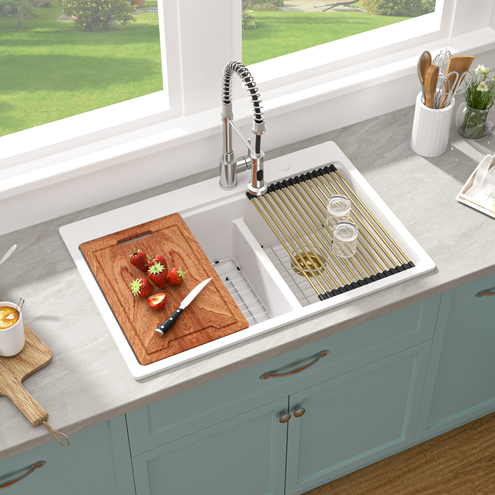 Quartz Composite with Ledge Workstation Cutting Board Topmount Black 33 Double Basins Granite Kitchen Sink - Image 6