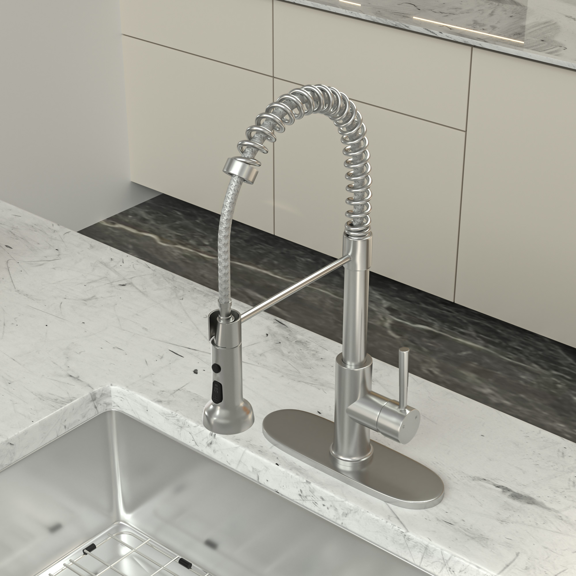 15 1/2 Inches Commercial Kitchen Faucet with Dual Function Pull-Down Sprayhead in Brushed Nickel Finish, Stainless Steel - Image 6