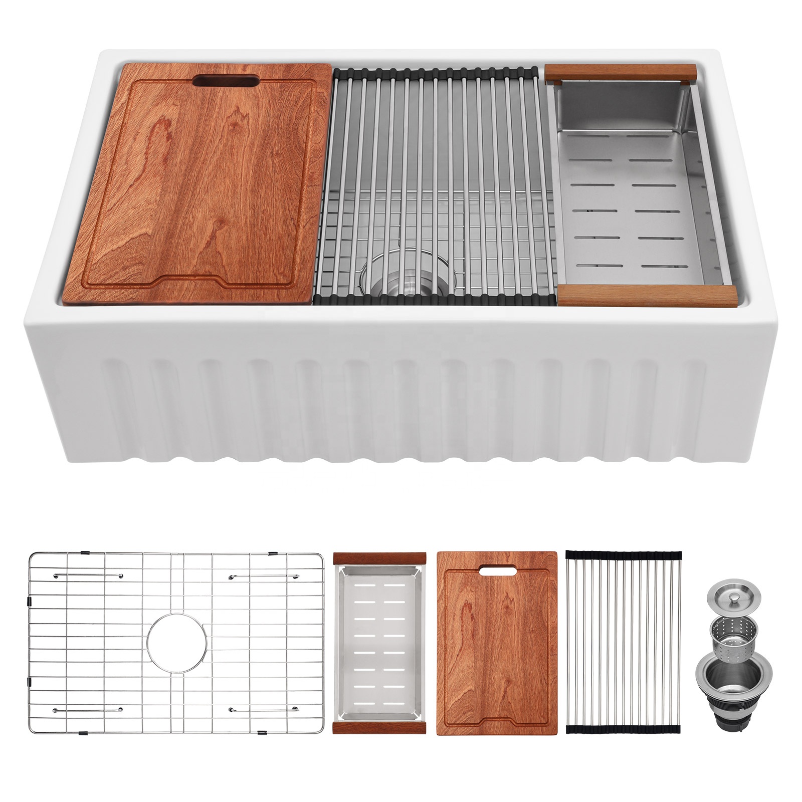 Single Bowl Farmhouse Sink With Apron Front Porcelain Ceramic Kitchen Sinks Includes Accessories