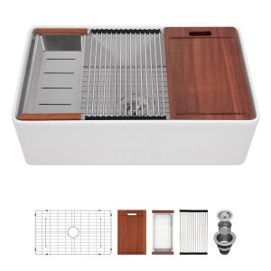 Single Bowl- White Kitchen Sink Ledge Workstation Apron Front Ceramic Porcelain White Farmhouse Sink