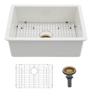 Single Farmhouse Kitchen Porcelain White with Gold Drainer Undermount Ceramic Farmhouse Sink
