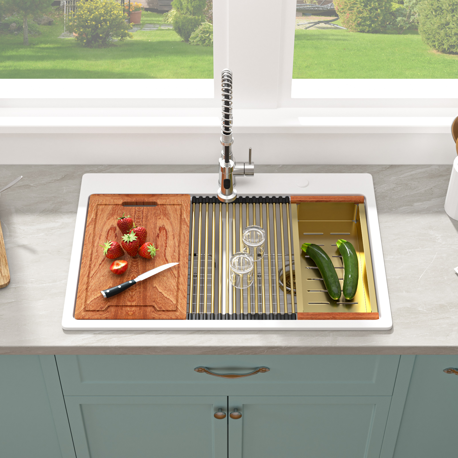 Quartz Composite with Ledge Workstation Cutting Board Topmount Black 33 Double Basins Granite Kitchen Sink - Image 5