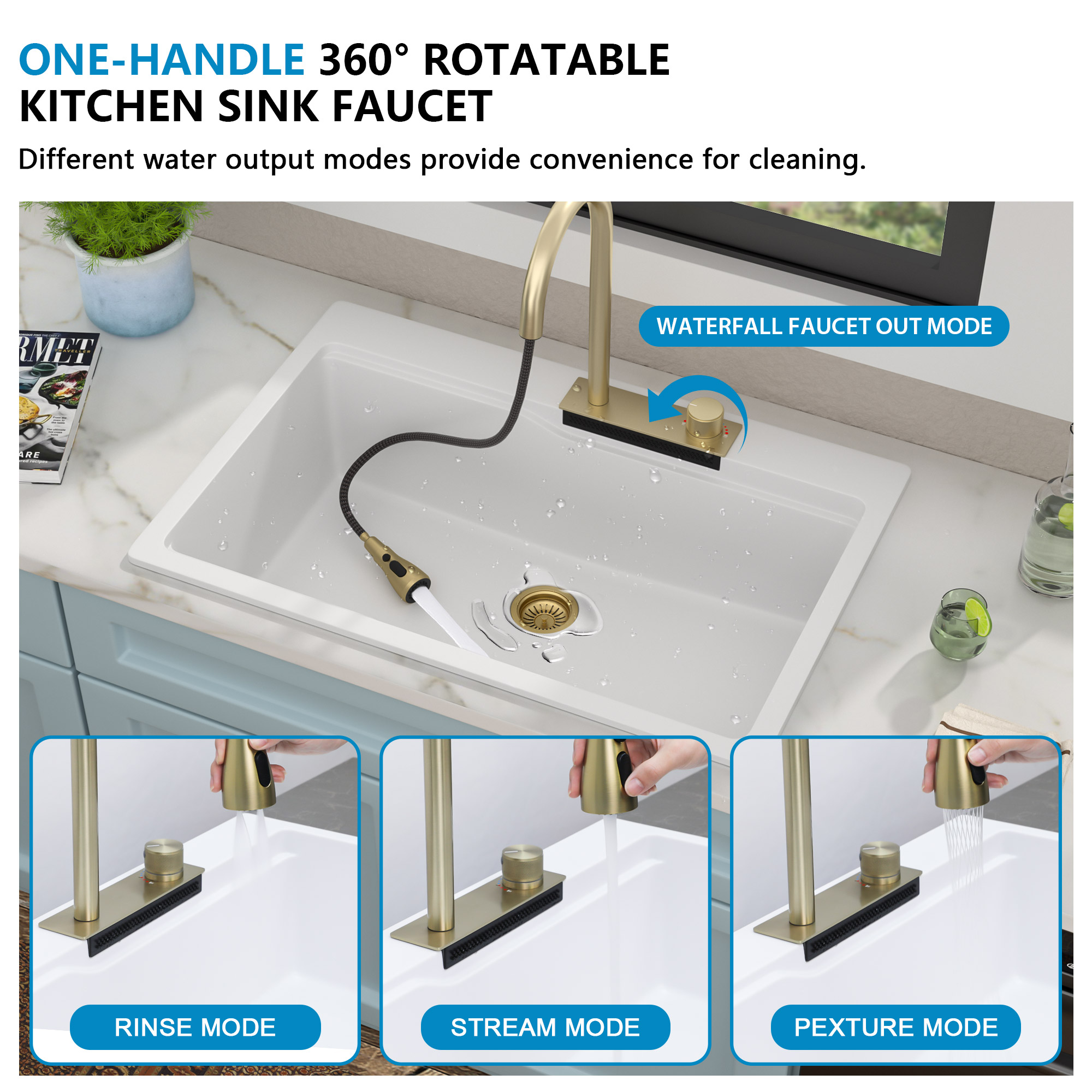 Quartz Stone Single Bowl Kitchen Sink Rectangular Above Counter Workstation With Faucet & Drainer - Image 4