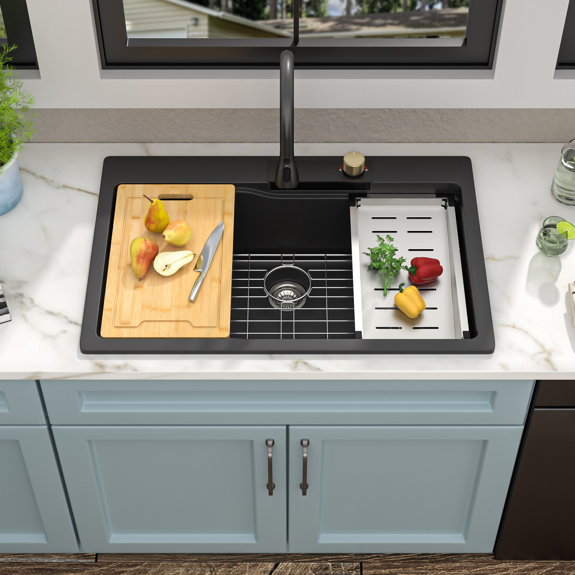 Quartz Stone Single Bowl Kitchen Sink Rectangular Above Counter Workstation With Faucet & Drainer - Image 3