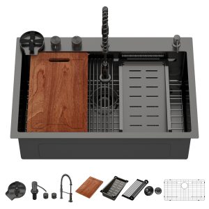 33"Gunmetal Black Workstation 304 Stainless Steel Single Bowl Kitchen Sink With Waterfall Flow