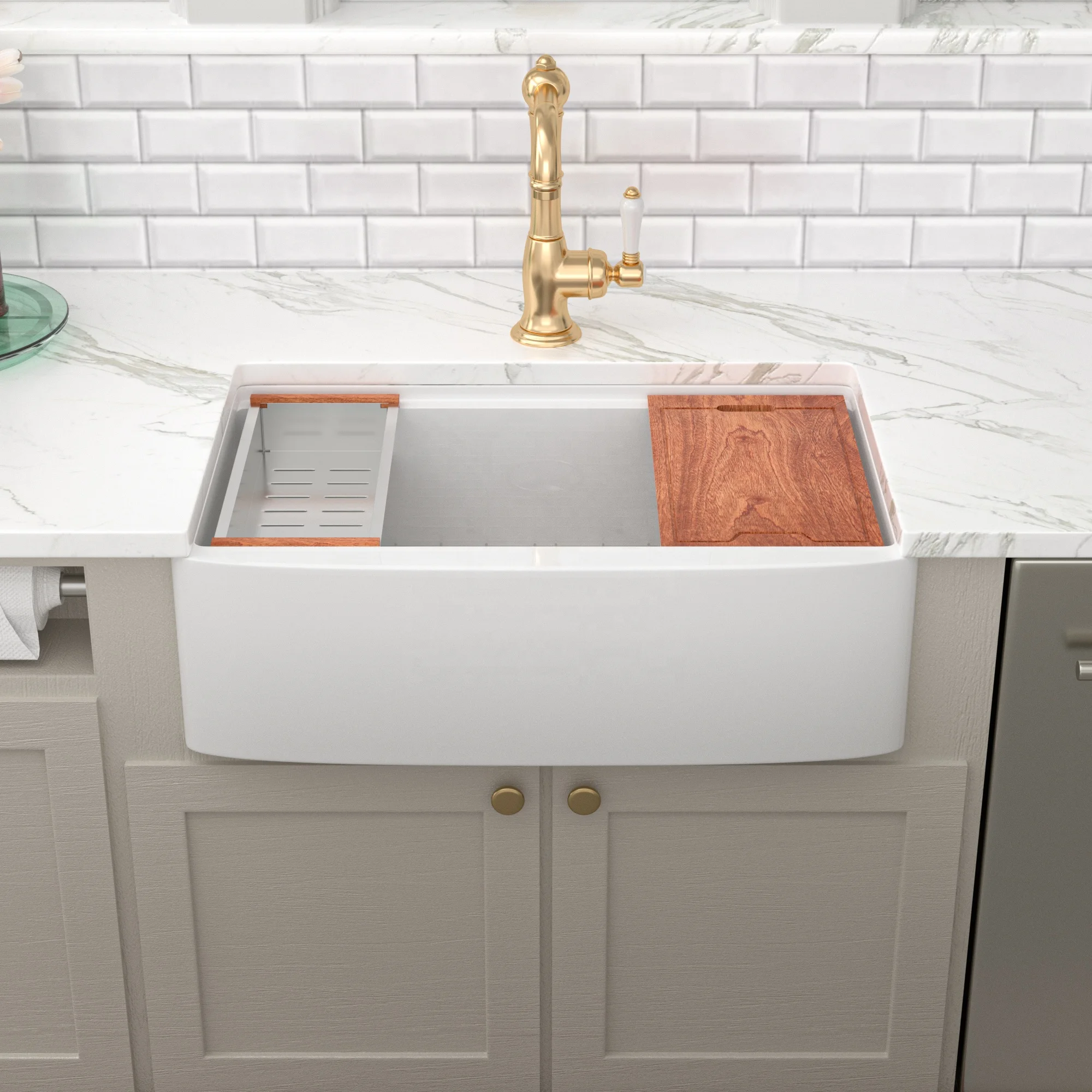 Single Bowl- White Farmhouse Sink Ledge Workstation Apron Front Ceramic Porcelain White Farmhouse Sink