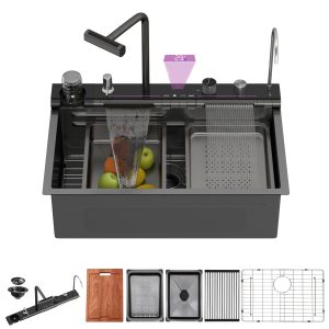 30"Smart Kitchen Sink - Waterfall Drop In Kitchen Sinks with Faucet Combo Double Waterfall Sink Workstation Modern Sinks Utility Single Bowl Stainless Steel Farmhouse with Cup Washer