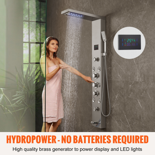 Shower Panel System, 6 Shower Modes, LED & Screen Hydroelectricity Shower Panel Tower, Rainfall, Waterfall, 8 Massage Jets, Tub Spout, Handheld Shower, Stainless Steel Wall-Mounted Shower Set - Image 6