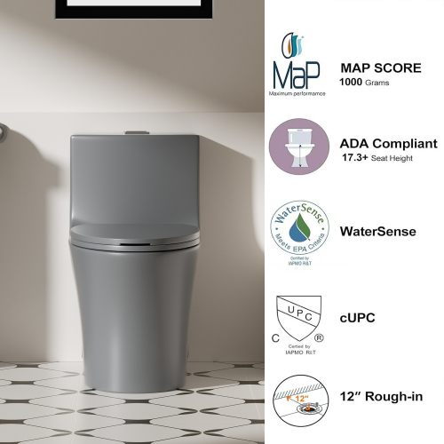 1.1/1.6 GPF Tornado Flush One-Piece Toilet Elongated, Siphonic S-trap 12",Soft Closing Seat, Button on Tank top ,Powerful Dual Flush MAP 1000g, Comfort Chair Seat ADA Height 17", Light gray - Image 5