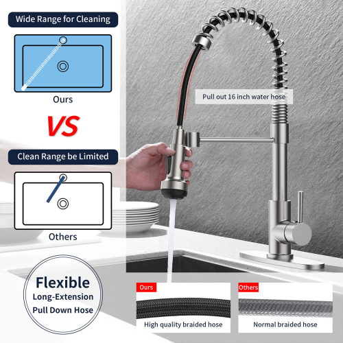 Kitchen Faucet with Pull Down Sprayer and 4 Spraying Modes Single Handle Commercial Spring Kitchen Sink Faucet Brushed Nickel 1 or 3 Hole - Image 6
