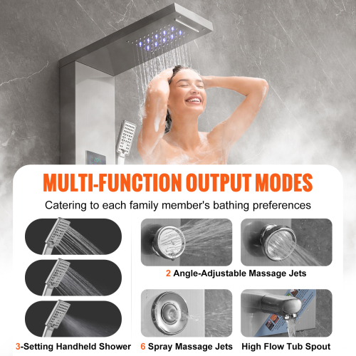 Shower Panel System, 6 Shower Modes, LED & Screen Hydroelectricity Shower Panel Tower, Rainfall, Waterfall, 8 Massage Jets, Tub Spout, Handheld Shower, Stainless Steel Wall-Mounted Shower Set - Image 5