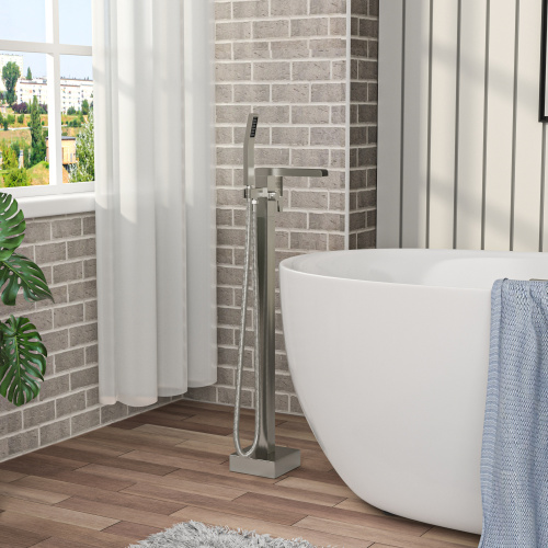 Freestanding Bathtub Faucet Waterfall Tub Filler Brushed Nickel Floor Mount Brass Bathroom Faucets with Hand Shower - Image 8