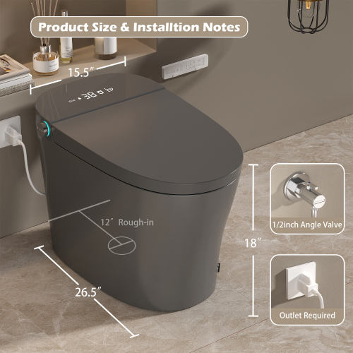 Smart Toilet with Bidet Built in, ADA One-Piece Toilet Auto Open/Close & Flush, Heated Seat, Front & Rear Wash, LED Display, Night Light, 12-inch Rough-in (Matte Grey) - Image 2
