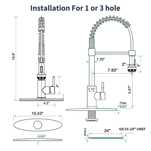 Kitchen Faucet with Pull Down Sprayer and 4 Spraying Modes Single Handle Commercial Spring Kitchen Sink Faucet Brushed Nickel 1 or 3 Hole - Image 7