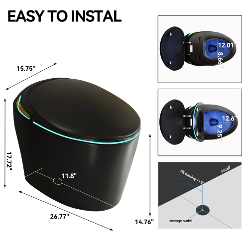 Unique Smart Toile, One Piece Toilet with Bidet Built In,Auto Open/Close Seat, Foot Sensor, LED Display,Night Light, Warm Water & Dryer,black - Image 12