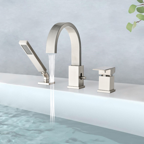 Waterfall Bathtub Faucet with Sprayer, 3-Hole Roman Tub Filler with Hand Shower Deck Mount Waterfall Tub Spout Set - Image 6
