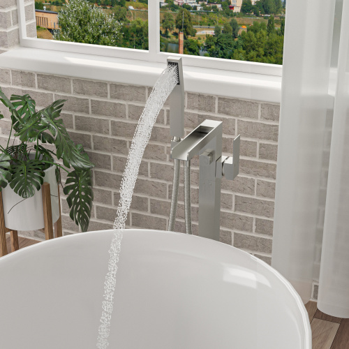 Freestanding Bathtub Faucet Waterfall Tub Filler Brushed Nickel Floor Mount Brass Bathroom Faucets with Hand Shower - Image 6