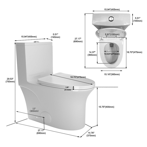 1.1/1.6 GPF Elongated Comfort Height Floor Mounted One-Piece Toilet, CUPC Certified, WaterSense Cetified, Ceramic, White Color, Soft Close Seat - Image 5