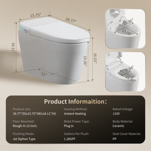 CUPC,DOE Tankless Smart Toilet With Bidet Built In, One-piece Bidet Toilet Seat, Auto Flush, Auto Open/Close,Heated Seat, Warm Water and Dry, Adjustable Temp,Remote Control Side Know - Image 2