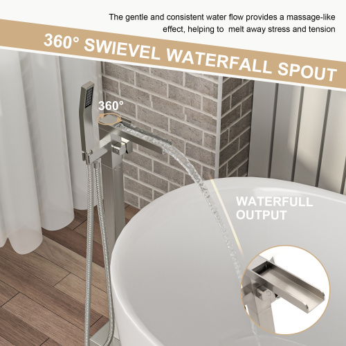 Freestanding Bathtub Faucet Waterfall Tub Filler Brushed Nickel Floor Mount Brass Bathroom Faucets with Hand Shower - Image 7