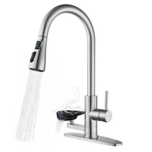 3-in-1 Kitchen Faucet with 3-Color LED Temperature Display, Press-Type Glass Rinser, High-Arc Pull-Down Sprayer, 3 Spray Modes, Brushed Nickel/Black Finish for Modern Kitchen Sink
