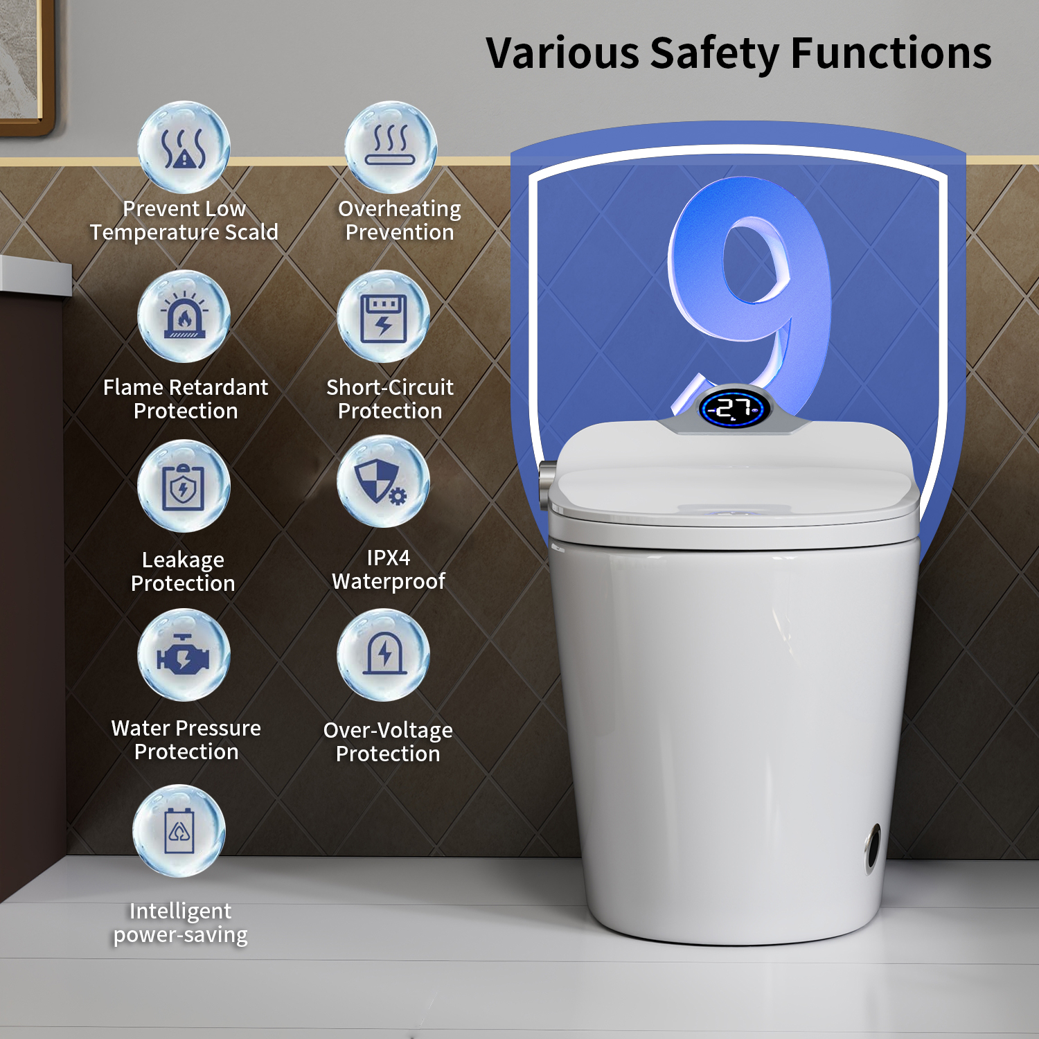 CUPC,UL,DOE,FCC,Smart Toilet Bidet Combo with Foot Sensor Open Cover/Seat, Self-Cleaning Nozzle, LED Display, Three Level Heated Seat/Airflow, Night Light, Knob Control, Soft Close, Auto Flush, with Remote Control - Image 2