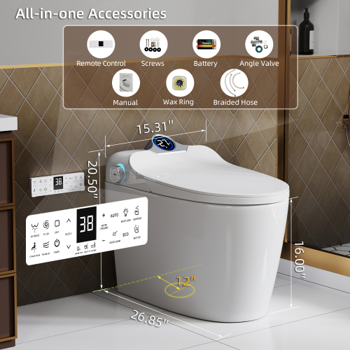 CUPC,UL,DOE,FCC,Smart Toilet Bidet Combo with Foot Sensor Open Cover/Seat, Self-Cleaning Nozzle, LED Display, Three Level Heated Seat/Airflow, Night Light, Knob Control, Soft Close, Auto Flush, with Remote Control - Image 3