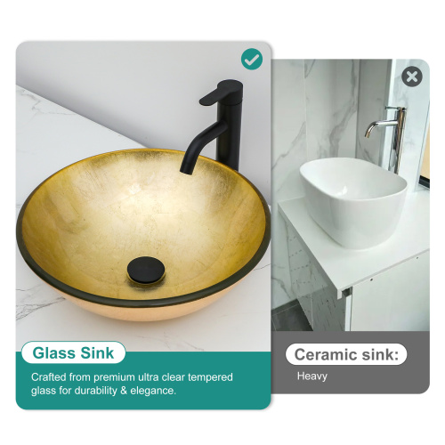 Bathroom Artistic Tempered Glass Vessel Bathroom Sink with Black Faucet and Pop-up Drain, Gold-foil Textured Tempered Glass Vanity Round Bowl - Image 4